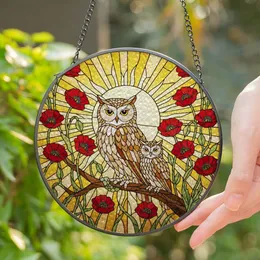 Mottled Brown Owls Red Poppies Radiant Sun Mosaic Tiffany Stained Glass Home Decor Stained Glass Suncatcher