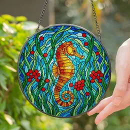 Majestic Seahorse Stained Glass Tiffany Style Aquatic Ocean Jewel Tone Mosaic Design Stained Glass Suncatcher