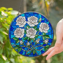 White Roses Rosebuds Stained Glass Art - Tiffany Style Blue Mosaic Background Design Stained Glass Suncatcher