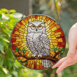 Wise Snowy Owl Glasses Stained Glass Art - Tiffany Style Gnarled Branch Green Leaves Stained Glass Suncatcher
