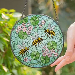 Three Busy Honeybees Pink Flowers Green Leaves Tiffany Style Stained Glass Art Stained Glass Suncatcher