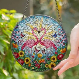 Pink Flamingo Heart Stained Glass Art - Intricate Mosaic Sky & Garden Flowers Home Decor Gift Stained Glass Suncatcher