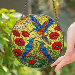 Stained Glass Blue Orange Birds Poppies Sun Mosaic - Tiffany Style Jewel Tone Art Stained Glass Suncatcher