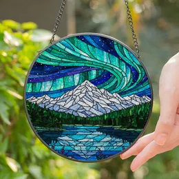 Snow-Capped Mountain Lake Forest Stained Glass Aurora Borealis Night Sky Decor Stained Glass Suncatcher