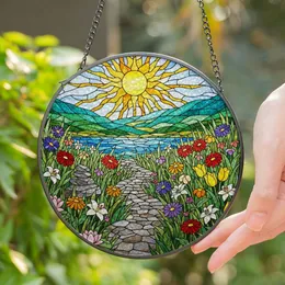 Radiant Sun Wildflower Meadow Stone Path Tiffany Style Translucent Window Art Stained Glass Suncatcher