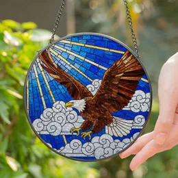 Bald Eagle Mid-Flight Stained Glass Tiffany Style Sky Mosaic - Radiant Sun Clouds Stained Glass Suncatcher