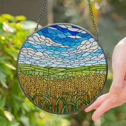Golden Wheat Field Stained Glass - Green Hills Sky Clouds Tiffany Style Art Home Decor Stained Glass Suncatcher