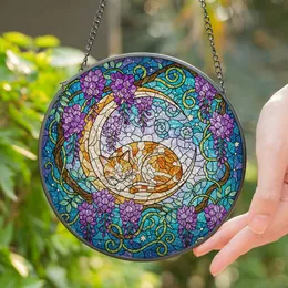 Calico Cat Sleeping Crescent Moon, Wisteria Vines - Tiffany Stained Glass Night Scene Stained Glass Suncatcher