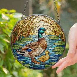 Highly Detailed Tiffany Glass Mallard Hen Duckling - Water Lily Mosaic Nature Lover Gift Stained Glass Suncatcher