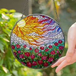 Tiffany Stained Glass Rose Garden Radiant Sun Swirling Clouds Sky Jewel Tones Stained Glass Suncatcher