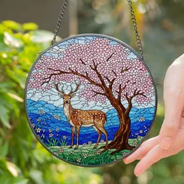 Spotted Deer Antlers Cherry Blossom Tree Green Grass Blue Hills Intricate Stained Glass Stained Glass Suncatcher