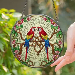 Macaw Parrots Tiffany Stained Glass Flowers - Jewel Tone Colorful Birds Art Decor Stained Glass Suncatcher