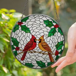 Two Cardinals Holly Berries Tiffany Stained Glass Mosaic - Christmas Winter Nature Gift Stained Glass Suncatcher
