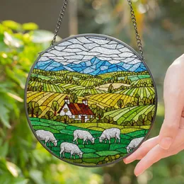 White Sheep Country Cottage Stained Glass Landscape - Rural Hillside Farmhouse Decor Stained Glass Suncatcher
