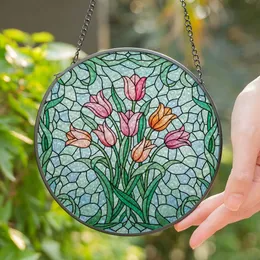 Seven Blooming Tulip Flowers Intricate Tiffany Stained Glass Mosaic - Pink Orange Green Teal Stained Glass Suncatcher