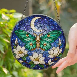Green Teal Moth Stained Glass Crescent Moon Starry Night White Magnolia Jewel Tone Art Stained Glass Suncatcher