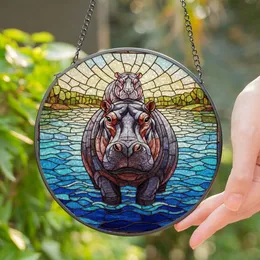 Intricate Colorful Glowing Tiffany Stained Glass Hippopotamus Family River Wildlife Art Stained Glass Suncatcher
