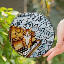 Orange Tabby Cat Piano Keys Musical Notes Stained Glass Mosaic - Tiffany Style Panel Stained Glass Suncatcher