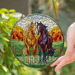 Horses Stained Glass Tiffany Style - Chestnut Bay Pair Pasture Autumn Trees Sky Stained Glass Suncatcher
