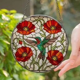 Iridescent Hummingbird Stained Glass Poppies - Tiffany Mosaic Window Art Garden Decor Stained Glass Suncatcher