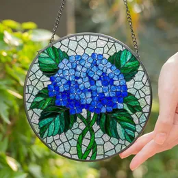 Blue Hydrangea Tiffany Stained Glass Emerald Green Leaves Sapphire Mosaic Home Decor Stained Glass Suncatcher