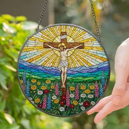 Jesus Christ Crucified Stained Glass Sunburst Wildflowers Faith-Inspired Home Decor Stained Glass Suncatcher