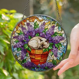 Sleeping Siamese Cat Lilac Flowers Terracotta Pot Stained Glass Tiffany Jewel Tone Art Stained Glass Suncatcher