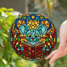 Stylized Teal Mouse Reading Book Tiffany Style Stained Glass Mosaic Jewel Tone Stained Glass Suncatcher