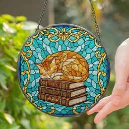 Orange Tabby Cat Sleeping Antique Books Tiffany Stained Glass Style - Cat Lover Gift Stained Glass Suncatcher