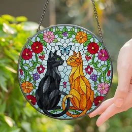 Black Cat Orange Cat Butterfly Tiffany Stained Glass Floral Vines Sky Mosaic Art Stained Glass Suncatcher