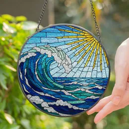 Majestic Ocean Wave Sun Tiffany Style Stained Glass - Deep Blue Emerald Green Sky Art Stained Glass Suncatcher