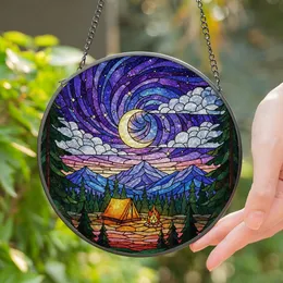 Golden Crescent Moon Campsite Tiffany Stained Glass Night Sky - Mountain Forest Stars Stained Glass Suncatcher