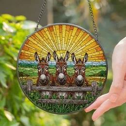 Curious Donkeys Tiffany Glass Style - Rustic Fence Sun Landscape Detailed Jewel Tones Stained Glass Suncatcher