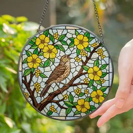 Singing Brown Songbird Tiffany Stained Glass Yellow Flowers Berries Intricate Mosaic Art Stained Glass Suncatcher