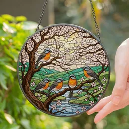 Five Orange Chest Birds Pink Cherry Blossom Stained Glass Art - Tiffany Style Decor Stained Glass Suncatcher