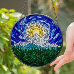Majestic Snow-Capped Mountain Pine Forest Sun - Glowing Stained Glass Window Art Stained Glass Suncatcher