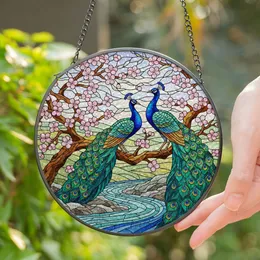 Two Peacocks Cherry Blossom Tree River Hills Tiffany Glass Mosaic Home Decor Art Stained Glass Suncatcher