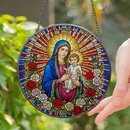 Virgin Mary Baby Jesus Stained Glass Art Tiffany Style - Floral Christian Religious Gift Stained Glass Suncatcher