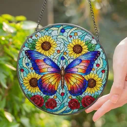 Colorful Butterfly Sunflower Rose Tiffany Stained Glass Mosaic Art Translucent Jewel Tones Stained Glass Suncatcher