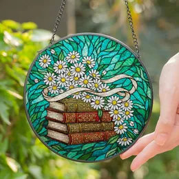 Antique Books White Daisies Floral Emerald Turquoise Tiffany Glass Mosaic Artwork Stained Glass Suncatcher