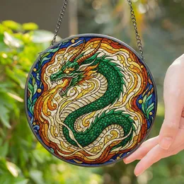 Majestic Green Dragon Stained Glass Art - Roaring Fantasy Dragon with Fiery Orange Eyes Stained Glass Suncatcher