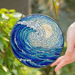 Colossal Ocean Wave Full Moon Tiffany Stained Glass - Deep Blue Aqua Yellow Art Stained Glass Suncatcher