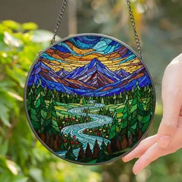 Intricate Jewel Tone Mountain River Forest Landscape Tiffany Style - Nature Vista Design Stained Glass Suncatcher