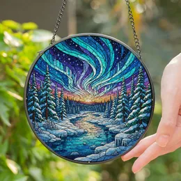 Aurora Borealis Winter Landscape Tiffany Stained Glass Evergreen Trees Frozen River Sunset Stained Glass Suncatcher