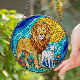 Symbolic Lion Lamb Tiffany Glass Mosaic Sunburst Sky Floral Stained Glass Style Stained Glass Suncatcher