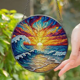 Tiffany Stained Glass Sunset Ocean Waves Beach Shoreline - Radiant Jewel Tones Stained Glass Suncatcher