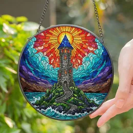 Wizard Lighthouse Stone Tower Island - Glowing Red Windows Staircase Sunset Jewel Tones Stained Glass Suncatcher