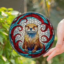 Tiffany Style Stained Glass Otter - Intricate Jewel Tone Water Currents & Abstract Swirls Stained Glass Suncatcher