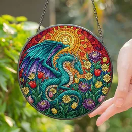 Teal Turquoise Dragon Stained Glass with Glowing Wings, Flower Garden, Swirling Sun Art Stained Glass Suncatcher