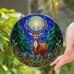 Majestic Stag Full Moon Evergreen Trees - Tiffany Style Jewel Tone Stained Glass Mosaic Stained Glass Suncatcher